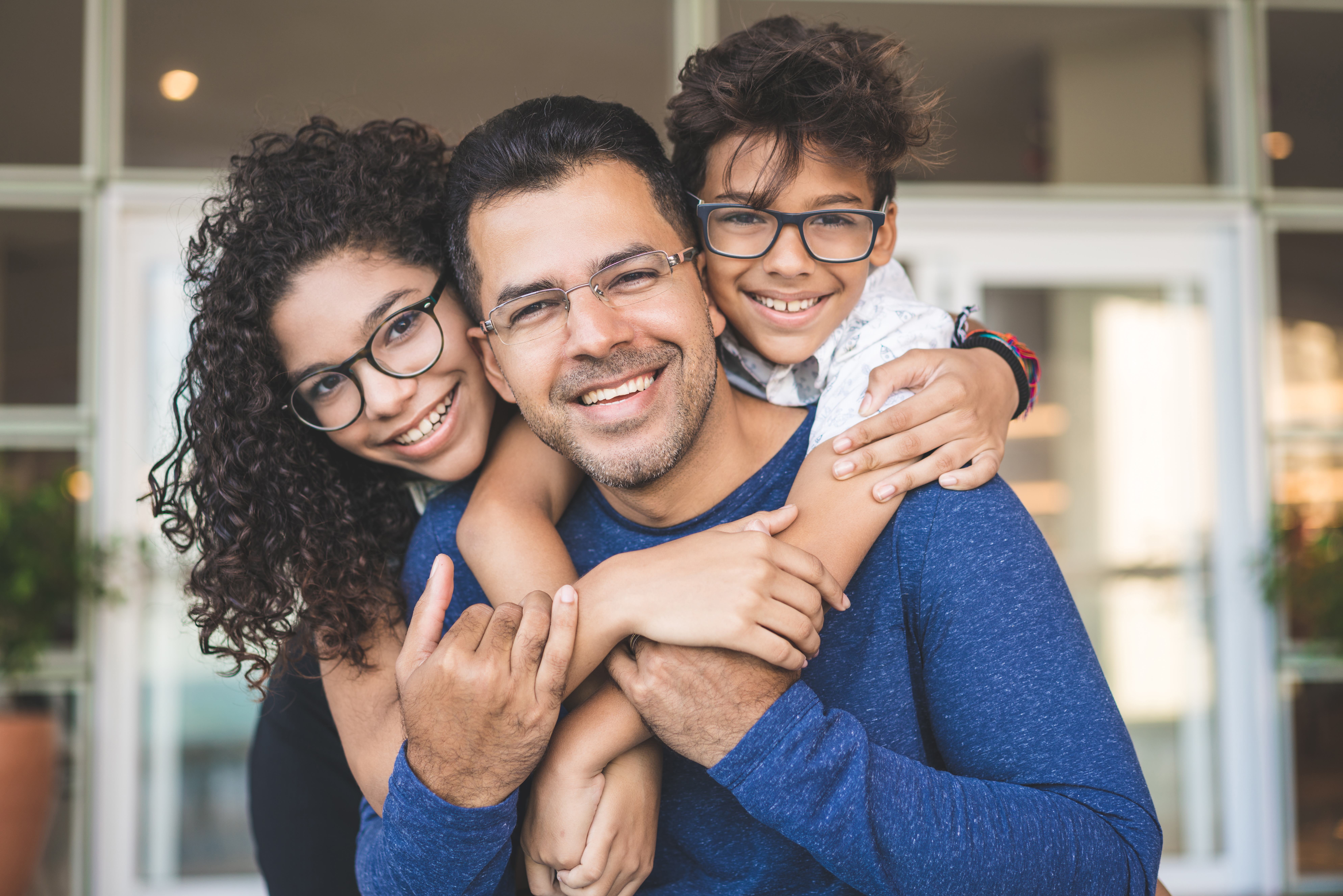 Portrait of happy family Son, Daughter, Family, Embracing, Single Father
