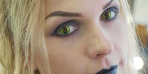 woman with cat eye costume contacts new spotlight size